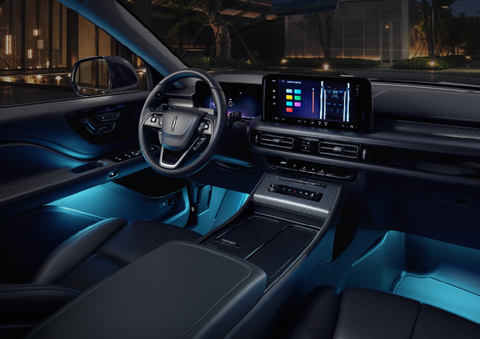 Deep blue ambient lighting glows from various places within a 2025 Lincoln Aviator® SUV. | Thomasville Lincoln in Thomasville GA