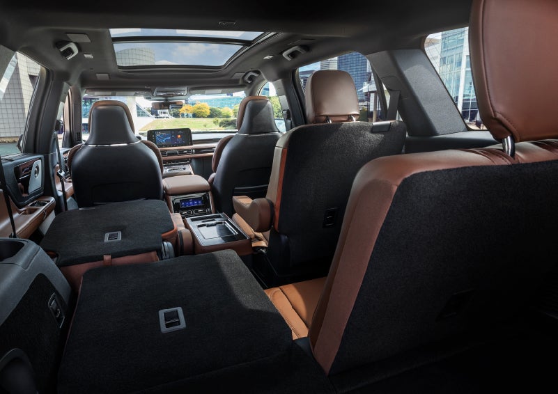 The interior of the 2025 Lincoln Aviator® SUV is shown with two seats folded down for added space. | Thomasville Lincoln in Thomasville GA
