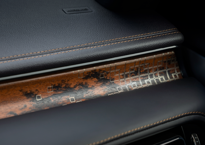 A close-up shot of the 2025 Lincoln Aviator® dashboard with unique black and brown accents, and brown stitching. | Thomasville Lincoln in Thomasville GA
